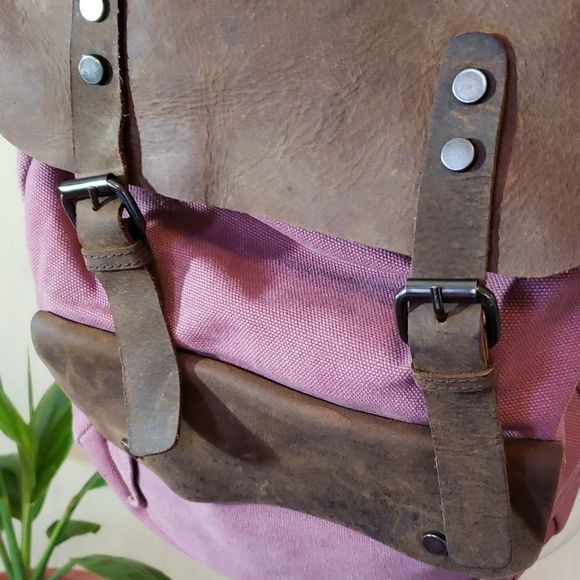 Leather & Pink Canvas Backpack Computer Book Bag - Picture 2 of 8